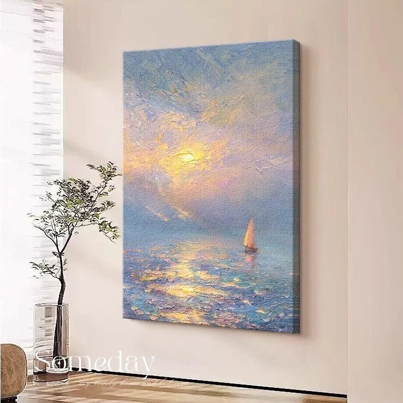 一帆风顺玄关装饰画奶油风客厅落地壁画风景画入户门走廊尽头挂画