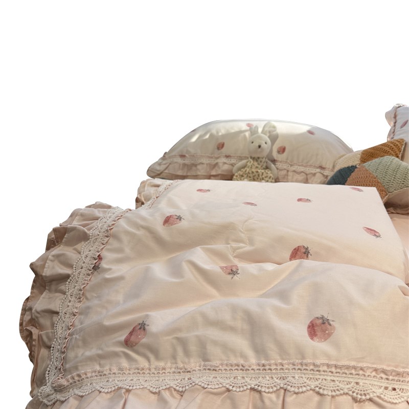 公主风粉色小草莓全纯棉花边床裙款夏凉被四件套空调被薄被少女心