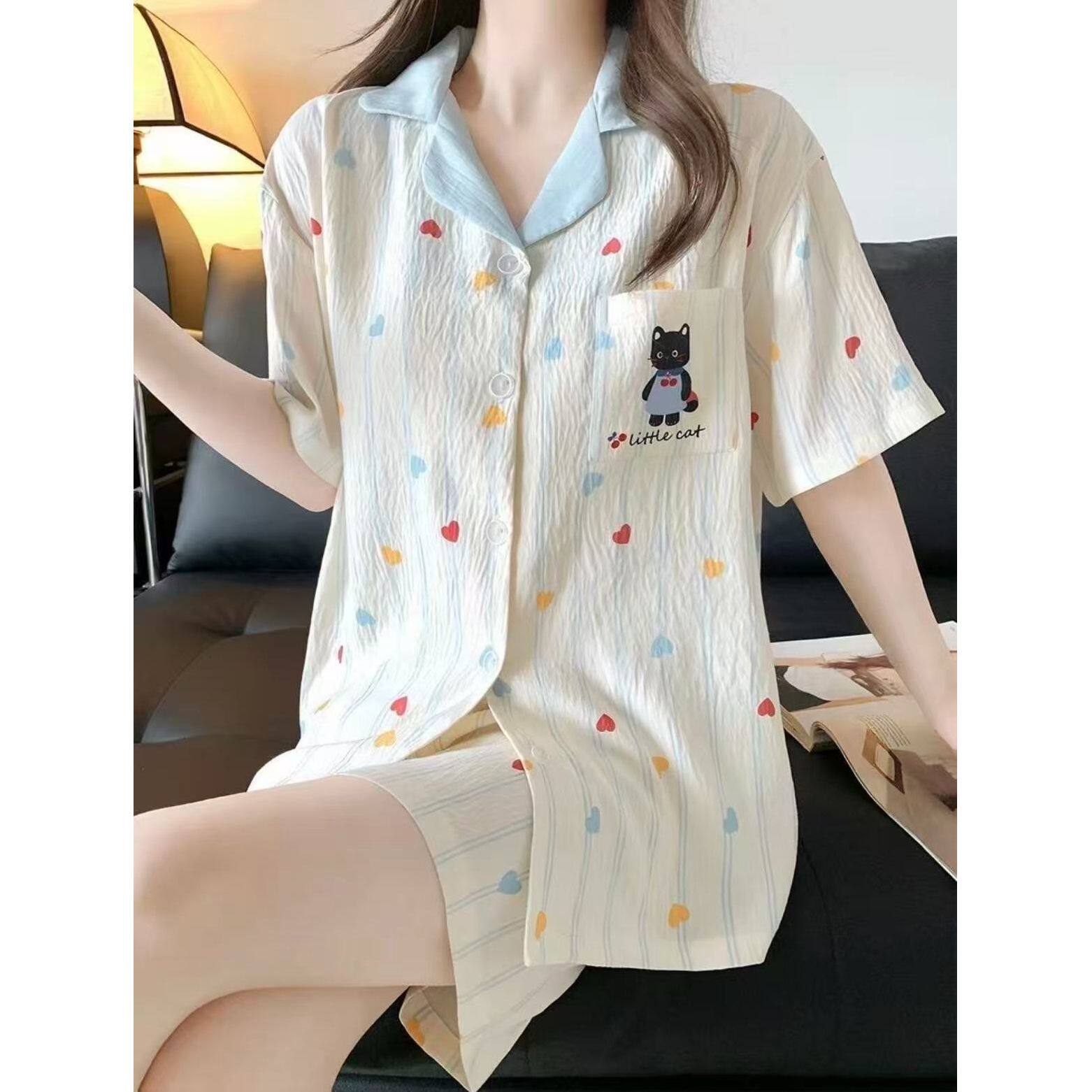 甜美卡通风棉质睡衣女夏季短袖衬衫领薄款家居服套装可外穿
