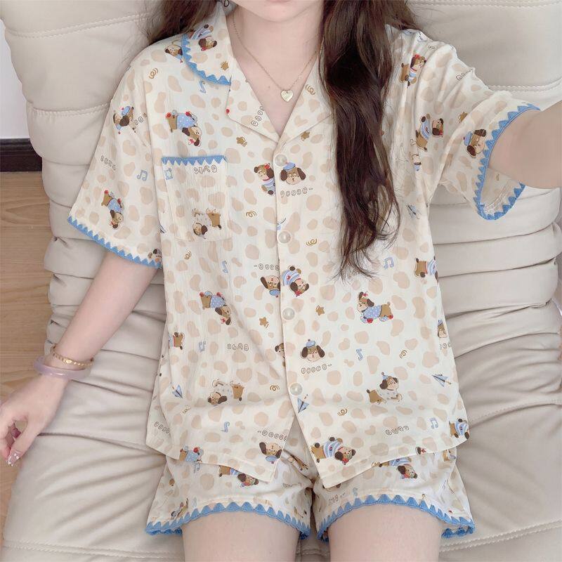 卡通可爱风睡衣女夏季短袖短裤棉质印花家居服套装日系甜美