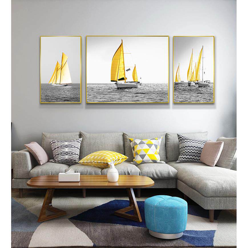 北欧金色帆船装饰画大海客厅现代简约壁画桥建筑挂画灯铁塔风景