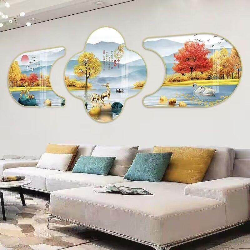 新款中式客厅装饰画异形六边形三联挂画大气招财晶瓷山水背影墙