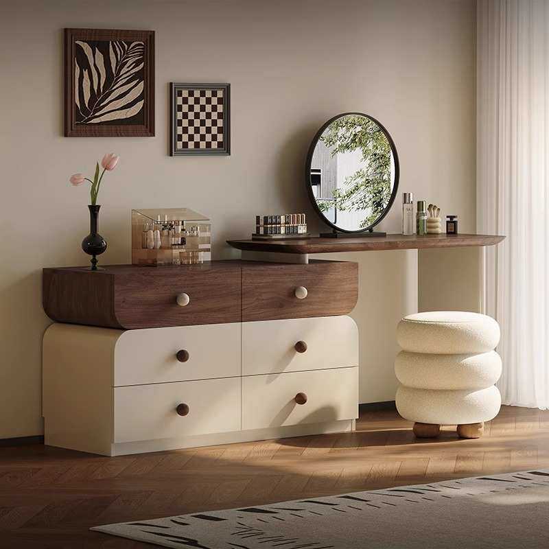 现代伸缩新款中古风梳妆台胡桃木色小户型环保实木梳妆台