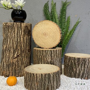木墩 带树皮田园tian然树桩花架实木根雕香樟木原木摆件圆形