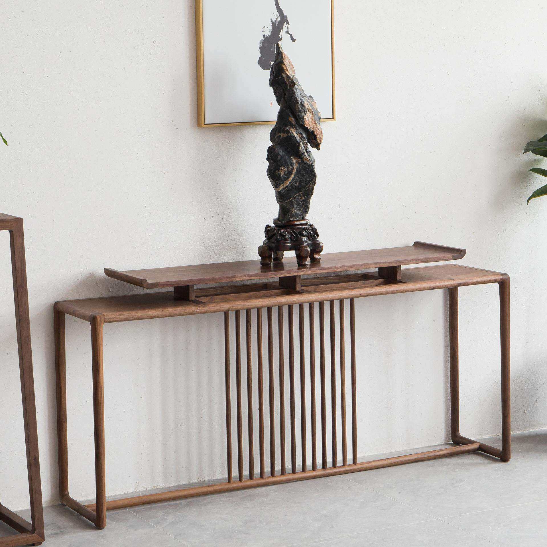 新中式玄关桌老榆木条案黑胡桃供桌实木玄关桌简约墙边长条宽窄柜