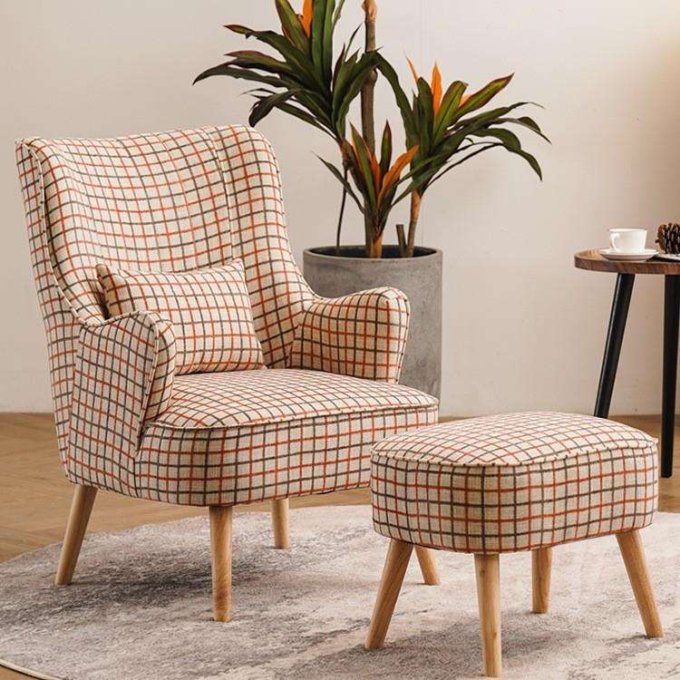 美式实木沙发格子布艺简约客厅小卧室阳台休闲懒人复古单人老虎椅