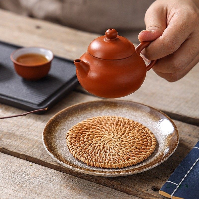 中式壶承盘陶瓷编藤干泡台茶承养紫砂壶垫茶点盘复古盖碗茶壶粗陶