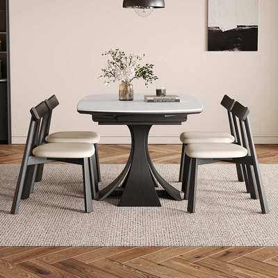 中古风实木折叠餐桌伸缩可变圆桌2024年新款美式法式复古岩板圆形