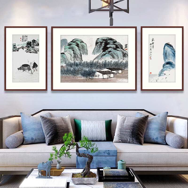 新中式齐白石花鸟三联幅挂画客厅沙发水墨画餐厅墙壁画书房装饰画