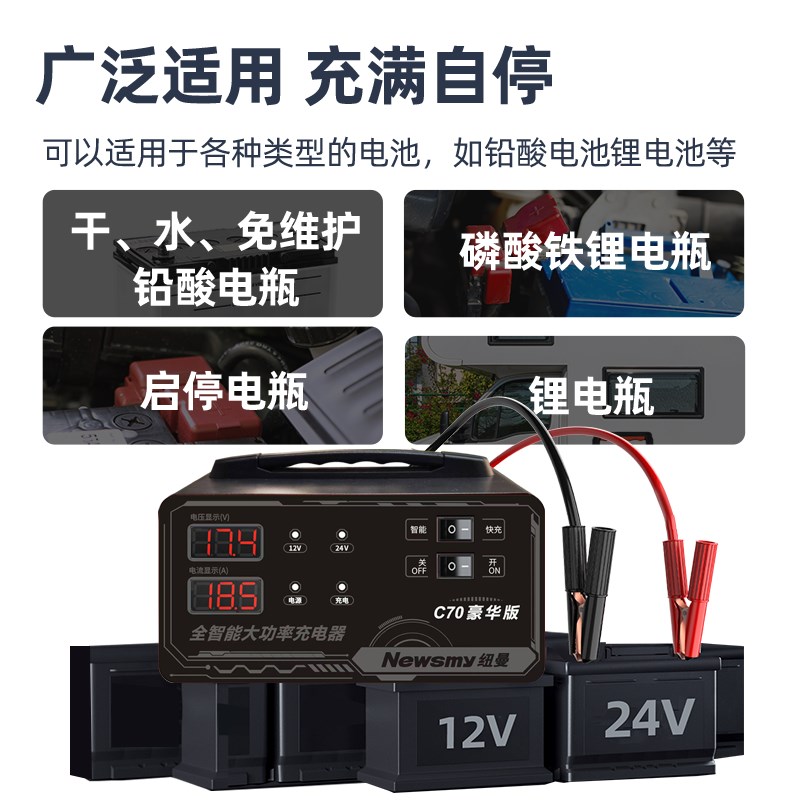 纽曼大功率电瓶充电器12V24V智能脉冲修复摩托车电动车电池充电机