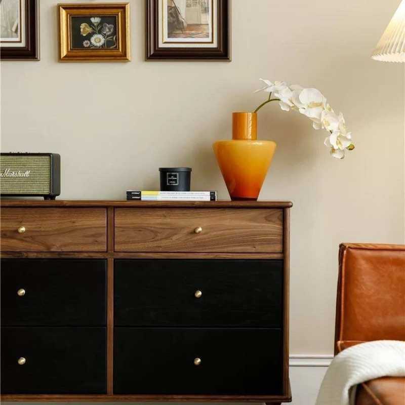 北欧复古五斗柜边柜收纳实木北美美式胡桃木六斗卧室玄关储物柜