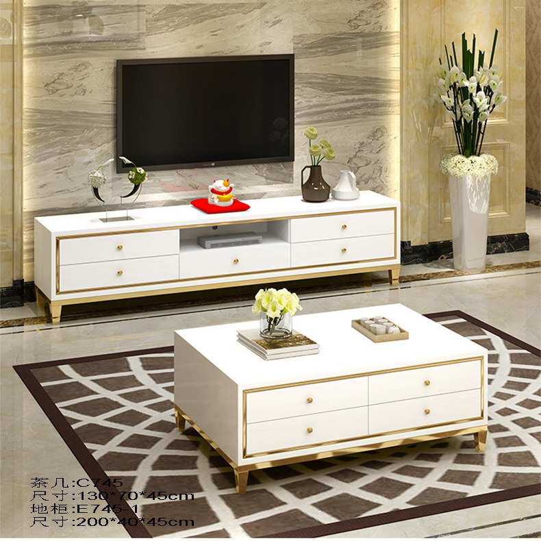 现代轻奢不锈钢镀金茶几电视柜钢化玻璃烤漆咖啡桌地柜组合多抽屉