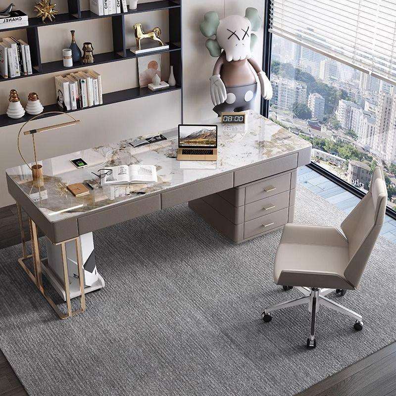 现代简约轻奢岩板书桌家用意式设计师电脑桌高端办公室桌椅写字台