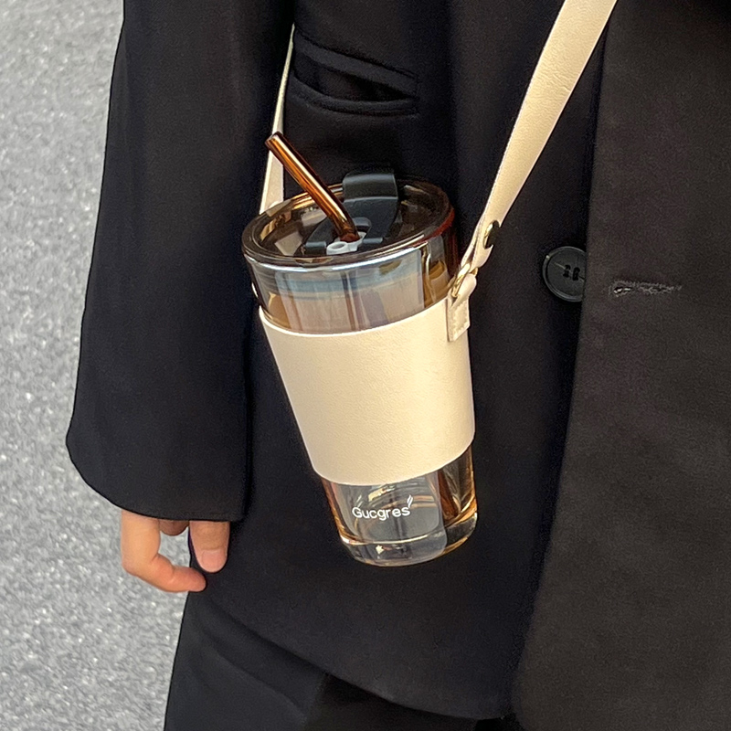 杯子女新款2022吸管玻璃杯高级感水杯学生办公带盖吸管杯咖啡杯