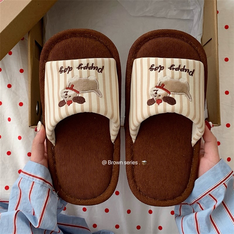 细条春夏夫妻卧室地板鞋,可爱的小狗日本风格风格沉默软底棉和亚