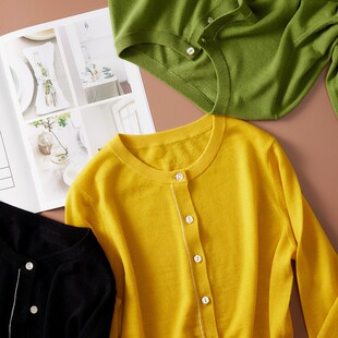 圆领白边针织开衫 2024春秋新款 精纺 纯羊绒衫 9602 女士薄款