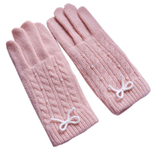 羊毛绒冬天手套女可爱韩版兔毛线针织学生骑车用五指日系弹力白色