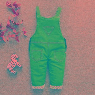 秋冬新款男童背带裤子儿童装牛仔棉裤加厚宝宝上衣加绒婴儿长裤子