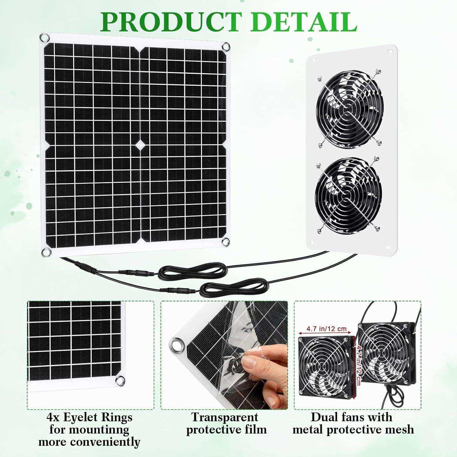 单晶25W12V柔性光伏板带双风扇白色组合排气扇鸡屋狗舍排热换气