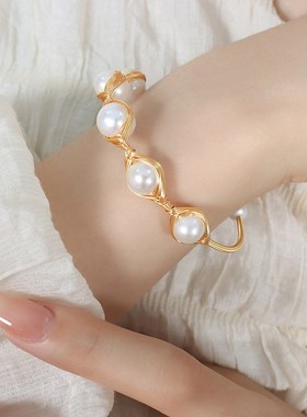 手工打造diy黄铜材质时尚饰品原创设计巴洛克淡水珍珠软线手镯女