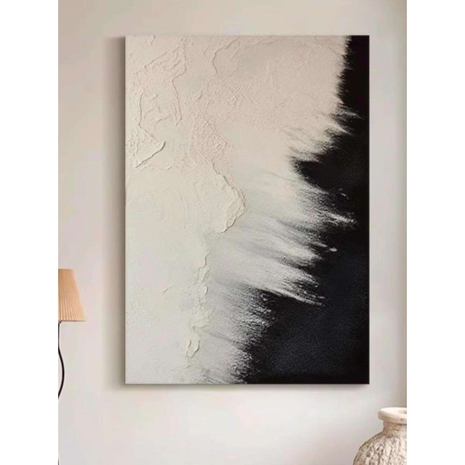 桔子手绘油画黑白抽象客厅装饰画立体肌理玄关挂画高级感民宿壁画