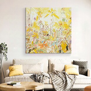 餐厅黄色花肌理画玄关抽象派纯手绘油画客厅奶油风正方形装饰挂画