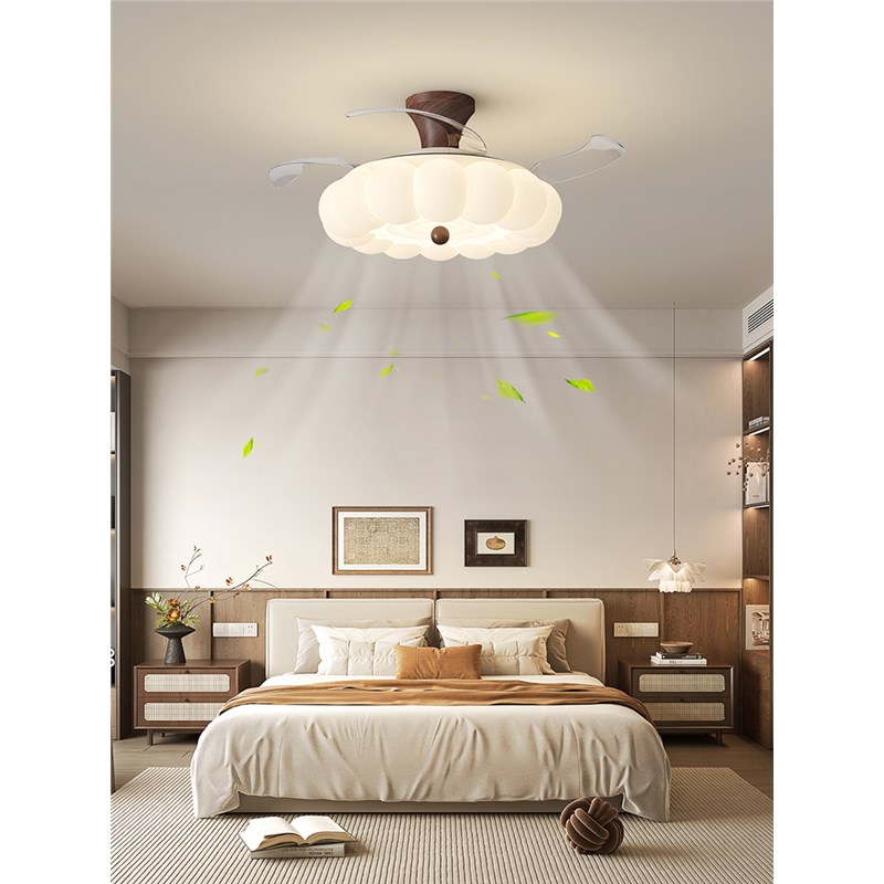 中古风胡桃木色泡泡卧室风扇灯新中式吊扇灯简约餐厅一体电风扇灯