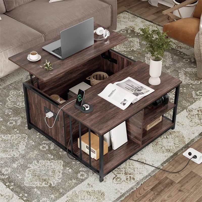 便携式升降式咖啡桌带隐藏式储物柜隔层储物携带USB插座端口插座