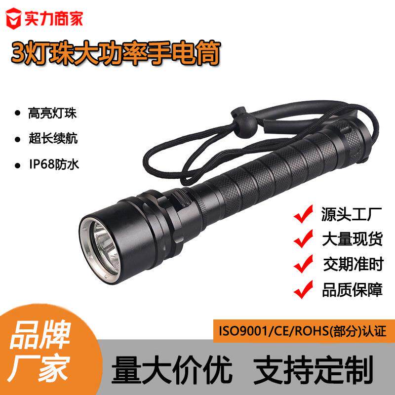 3灯芯T6潜水手电筒IP68防水大功率led强光照明灯户外夜钓