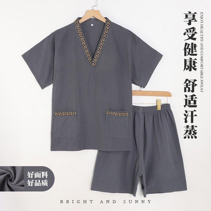 新款纯色棉麻汗蒸服男款浴服温泉洗浴中心桑拿足疗按摩加肥加大码图片