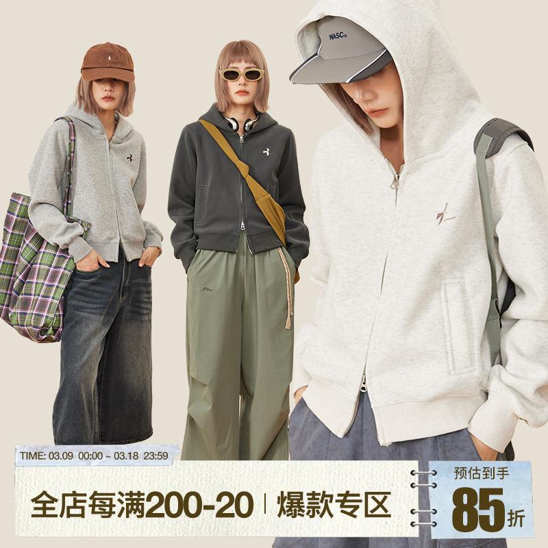 HOTHORSE火山马 春秋长袖短款印花卫衣连帽双拉链开衫外套上衣女