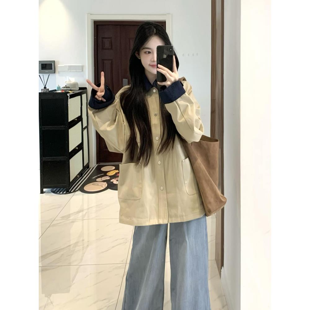 韩系春秋外套女2025新款爆款覆古拼接撞色卡其色秋季短款风衣夹克