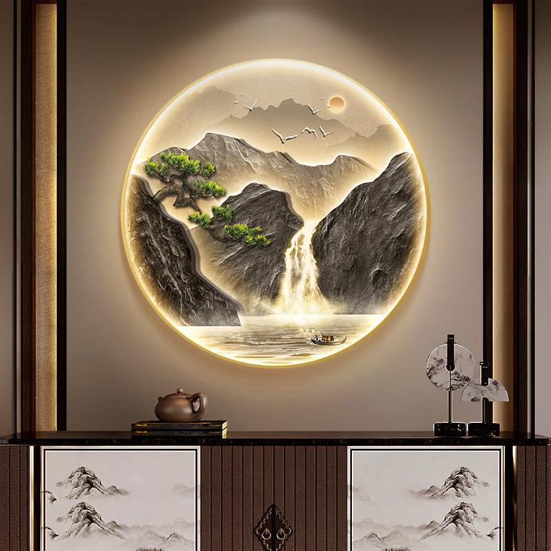 流水山水新好过寓意中式圆形生财挂画入户门装饰画壁画走廊道玄关