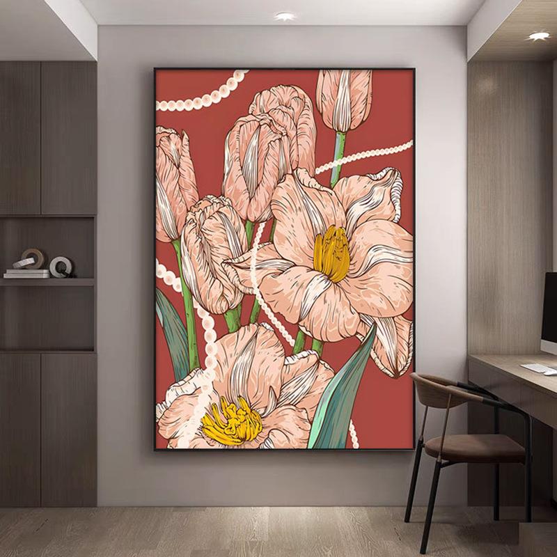 郁金香新中式竖版餐厅装饰画中古风花卉客厅挂画现代卧室玄关壁画