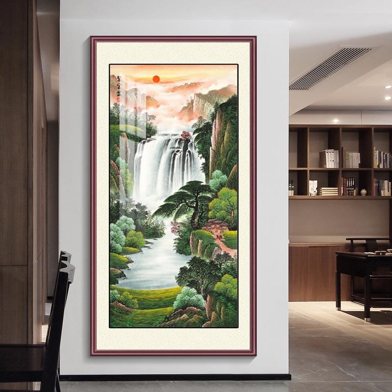 2024新款聚宝盆挂画玄关装饰画入户门靠山图客厅墙画竖版山水画