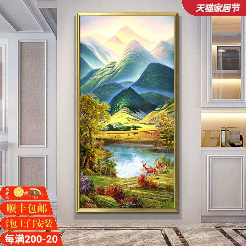 大芬村美式玄关装饰画竖版手绘风景油画巨人山风水招财画走廊壁画