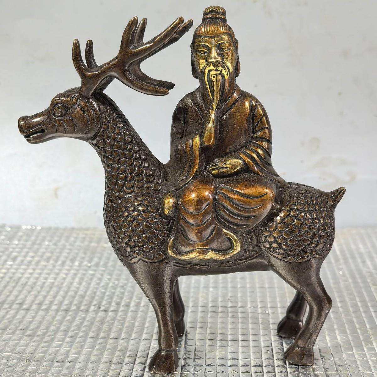 古玩铜器铜鎏金指鹿仙人手工堑刻做工精美工艺精湛居家摆件梅花鹿