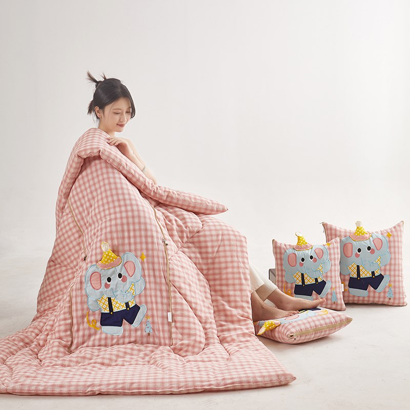 全棉色织儿童抱枕被子两用纯棉午休空调被办公室宿舍午睡沙发盖毯