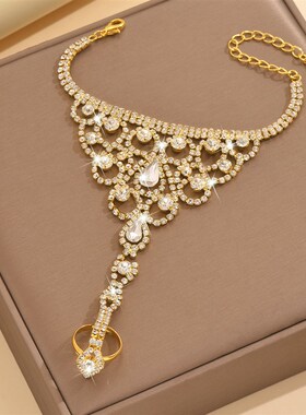 欧美时尚配饰 个性网格水滴形水钻连指手背链 潮流气质满钻配饰