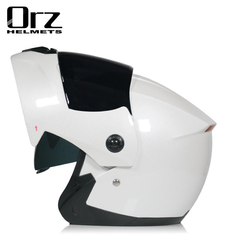 ORZ电动自行车头盔男女全盔双镜片情侣蓝牙尾翼白色揭面蝴蝶结辫