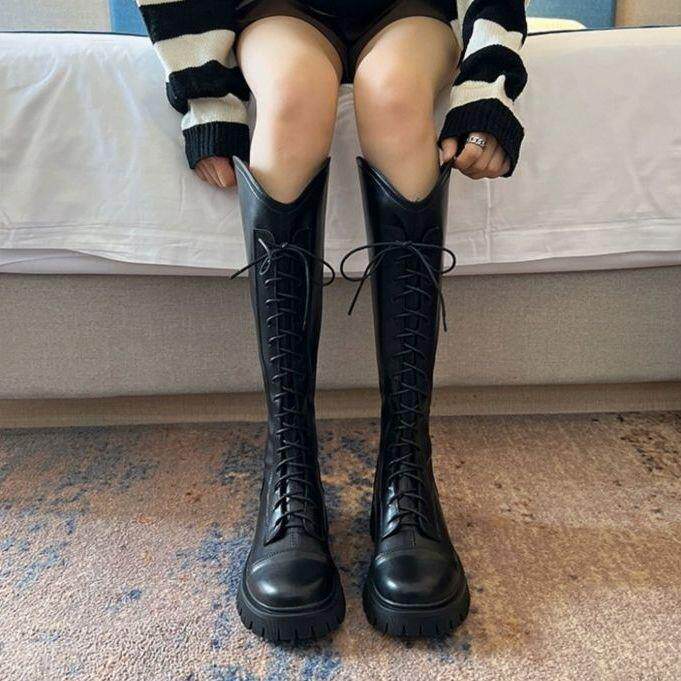 长靴粗腿骑士靴系带2025年新款大筒围高筒靴女靴腿围长筒靴