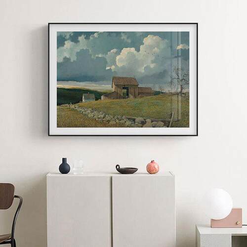 北欧创意手绘油画风景装饰画天空白云村庄山丘版画复古小众版画