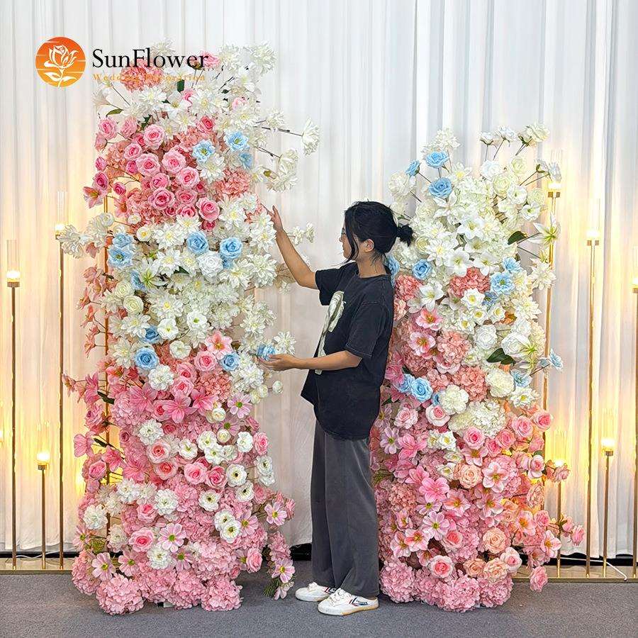 粉玫瑰瀑布花拱门仿真假花美陈商场打卡布置婚礼装饰背景花柱拱门