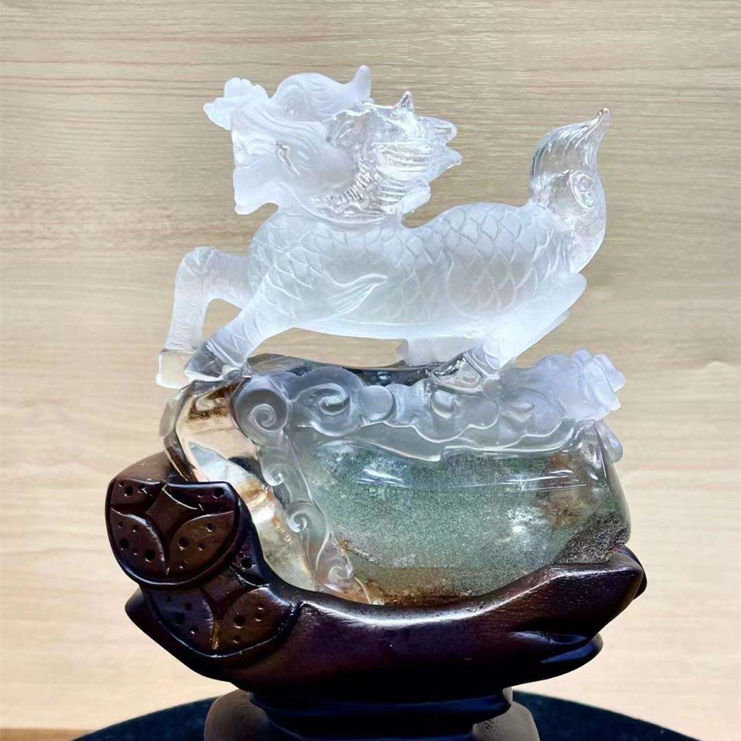 天然水晶绿幽灵龙龟雕刻麒麟貔貅 黄水晶幽灵发晶麒麟原石摆件