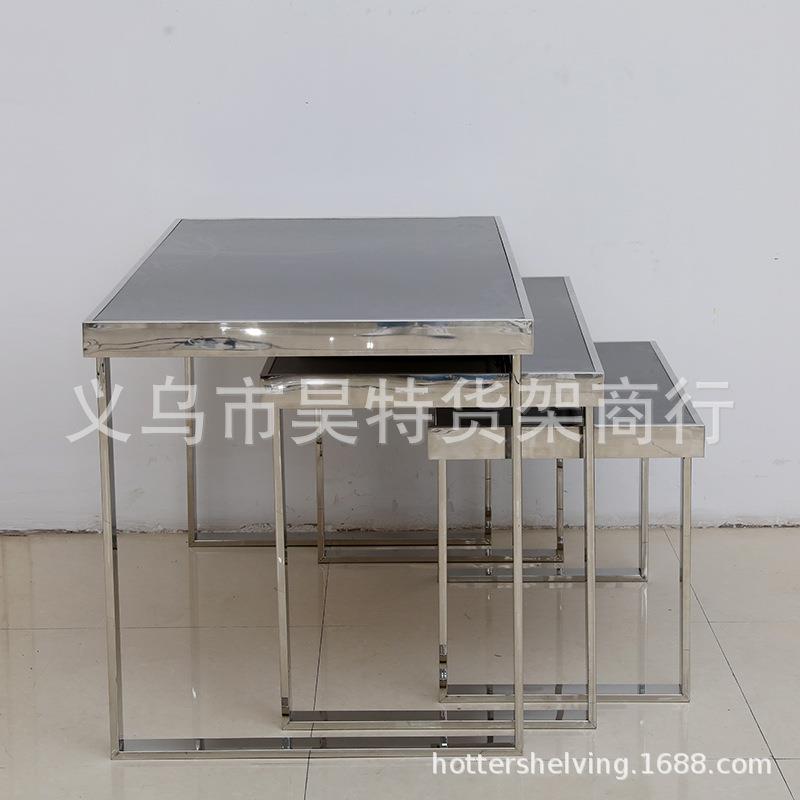 TZ-030新款服装店不锈钢展示台黑色烤漆木板展示台一套三组促销台