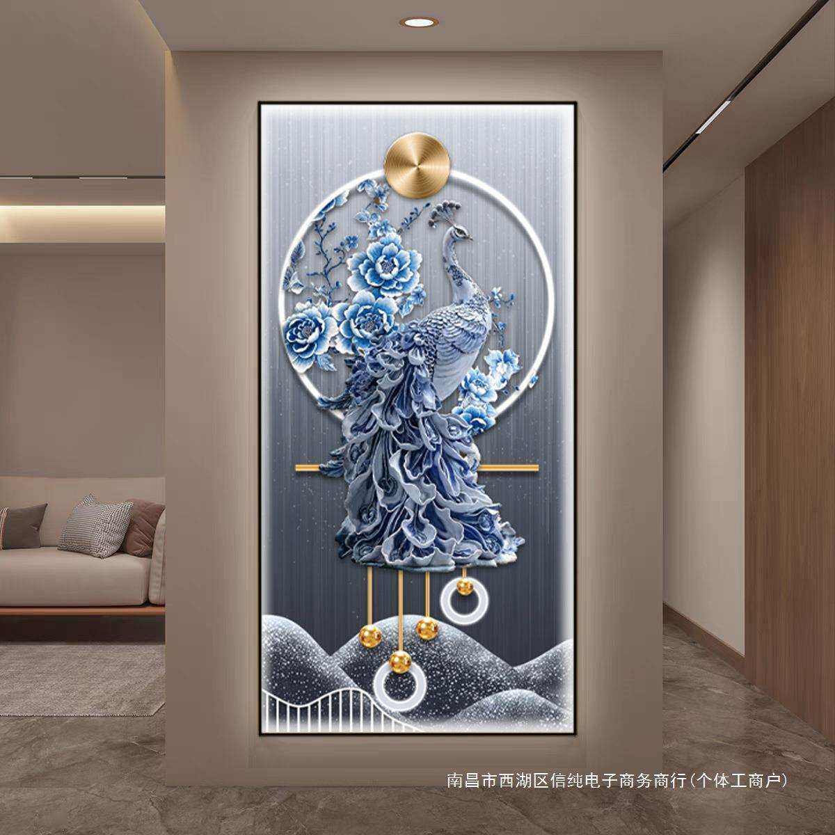 轻奢孔雀入户玄关装饰画青花瓷走廊过道挂画高级感进门正对墙壁画