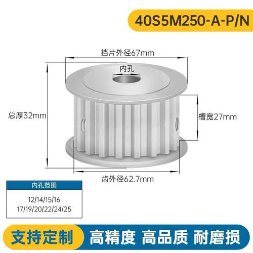 S5M40齿 两面平同步轮 槽宽27 AF型 同步带轮 齿轮40S5M250-A