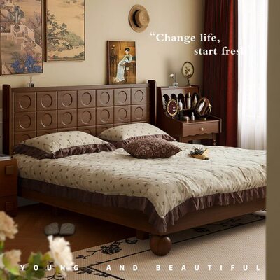 床1.5米大气复古法式1.8米双人床主卧现代简约中古风全实木床高端