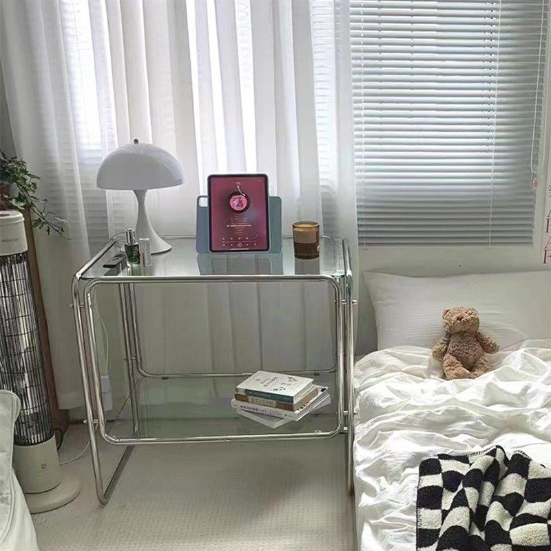 ins网红创意钢化玻璃茶几轻奢304不锈钢透明桌子客厅置物沙发边几