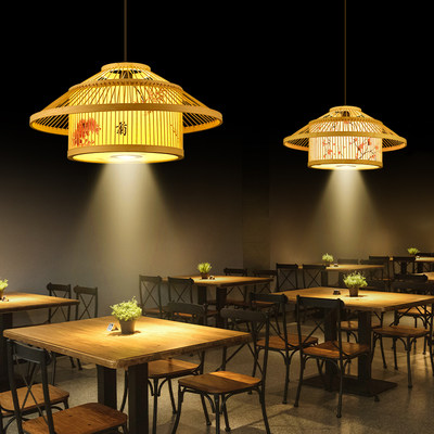 新中式灯笼火锅店包厢竹编吊灯带射灯饭店包间餐桌竹艺灯包房灯具